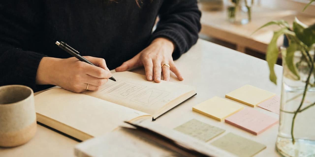 A maker sketching a simple weekly plan in a notebook with sticky notes nearby