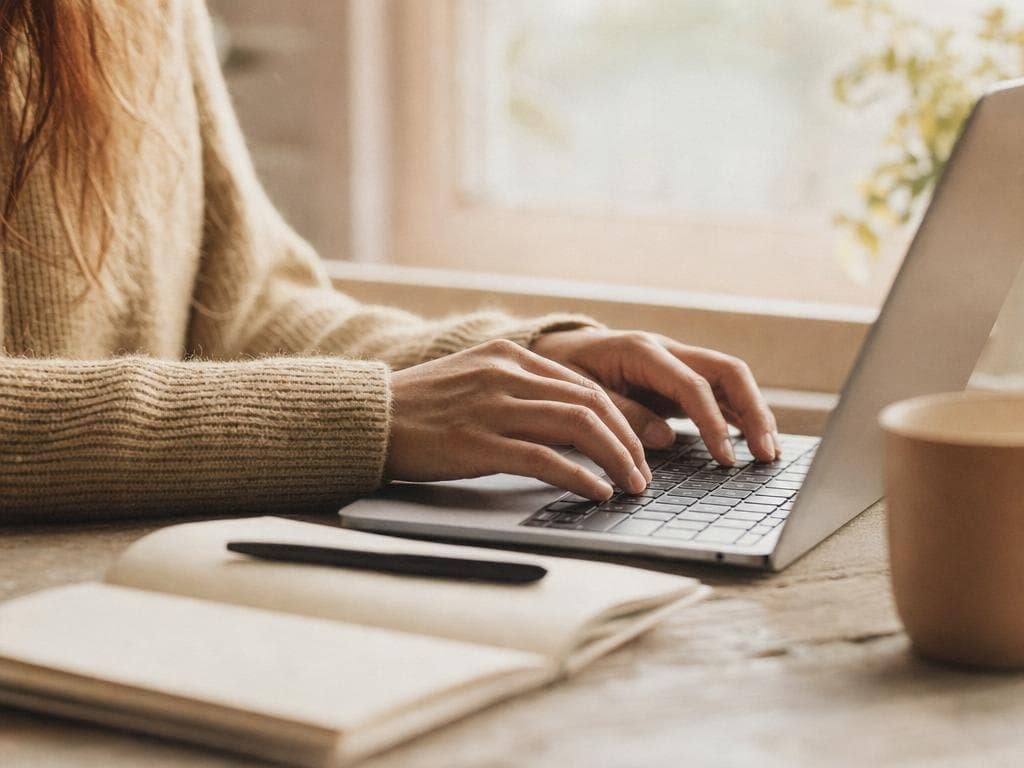Hands typing on a laptop in soft morning light