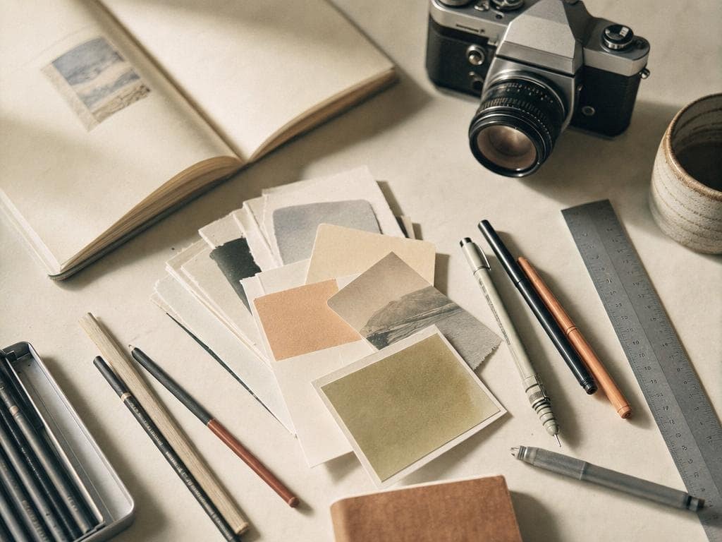 Analogue creative tools arranged on a cream surface