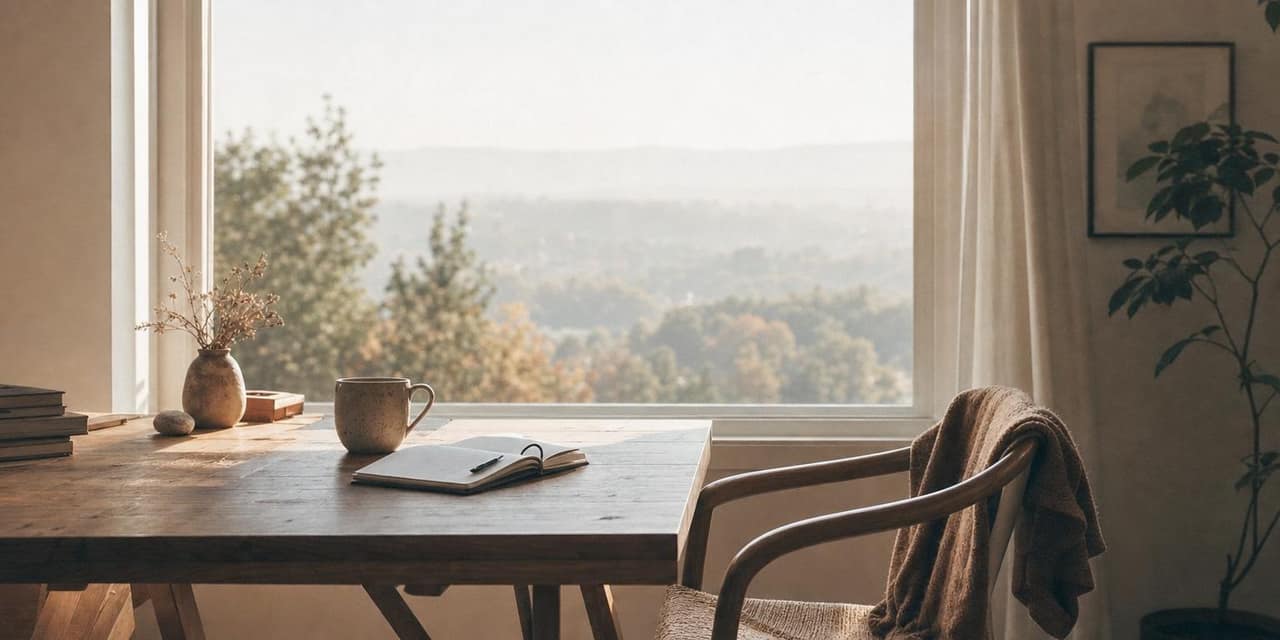 A calm desk by a large window looking out at soft morning light and distant trees